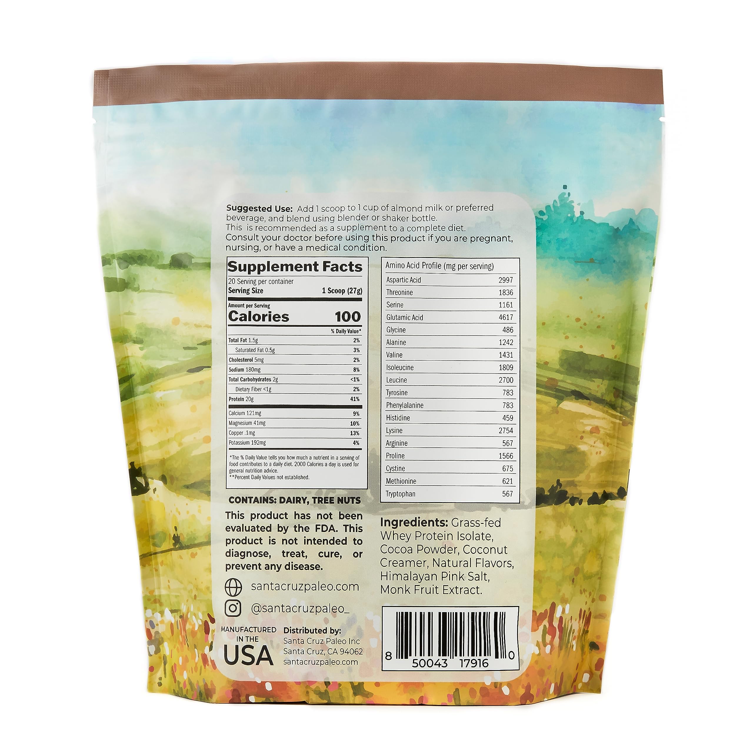 Santa Cruz Paleo whey ingredients label highlighting gluten-free, paleo and keto compatibility.