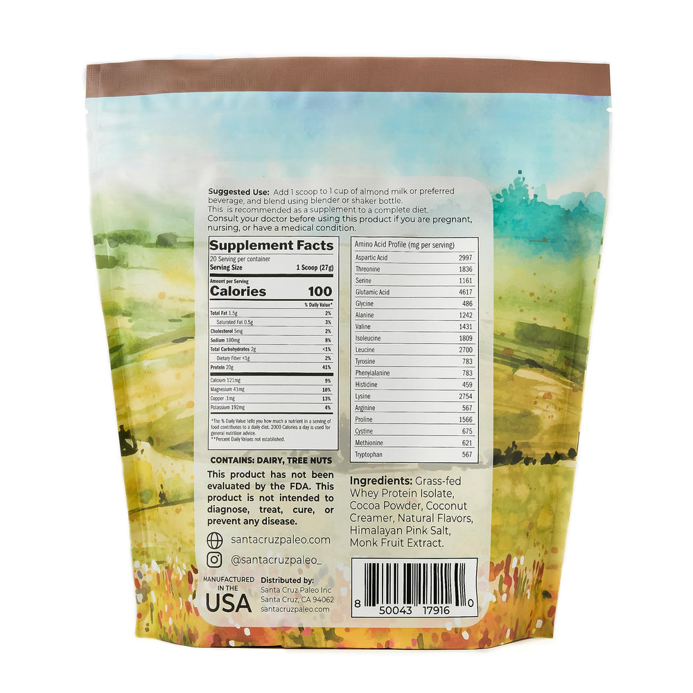 Santa Cruz Paleo whey ingredients label highlighting gluten-free, paleo and keto compatibility.