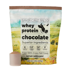 Santa Cruz Paleo whey protein powder chocolate bag showing clean, grass-fed protein option for active days.