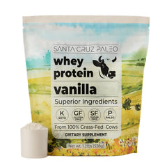 Santa Cruz Paleo vanilla whey scoop shows clean 20g grass-fed protein for active days.