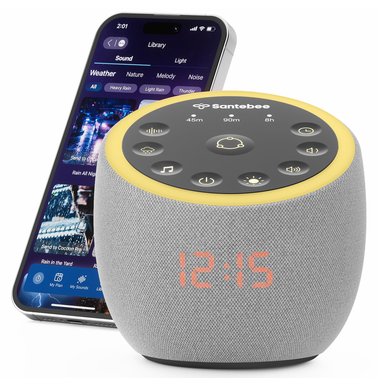 Santebee white noise sound machine with bedside clock for calmer nights