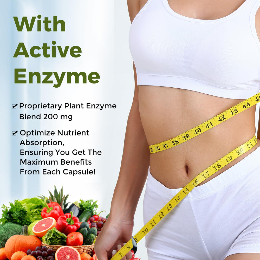 Santegra plant enzyme complex illustration highlights nutrient absorption support.