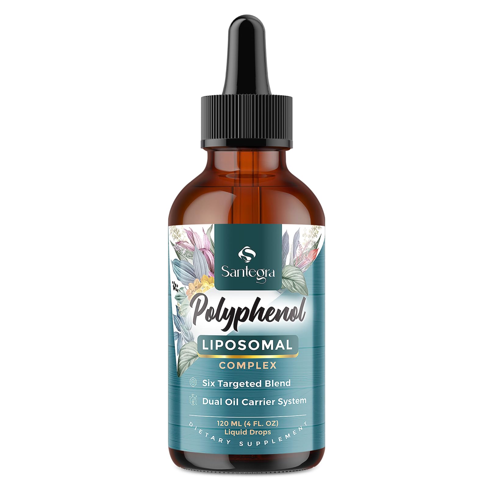 Santegra polyphenols liposomal bottle with bold label showing high absorption potential.
