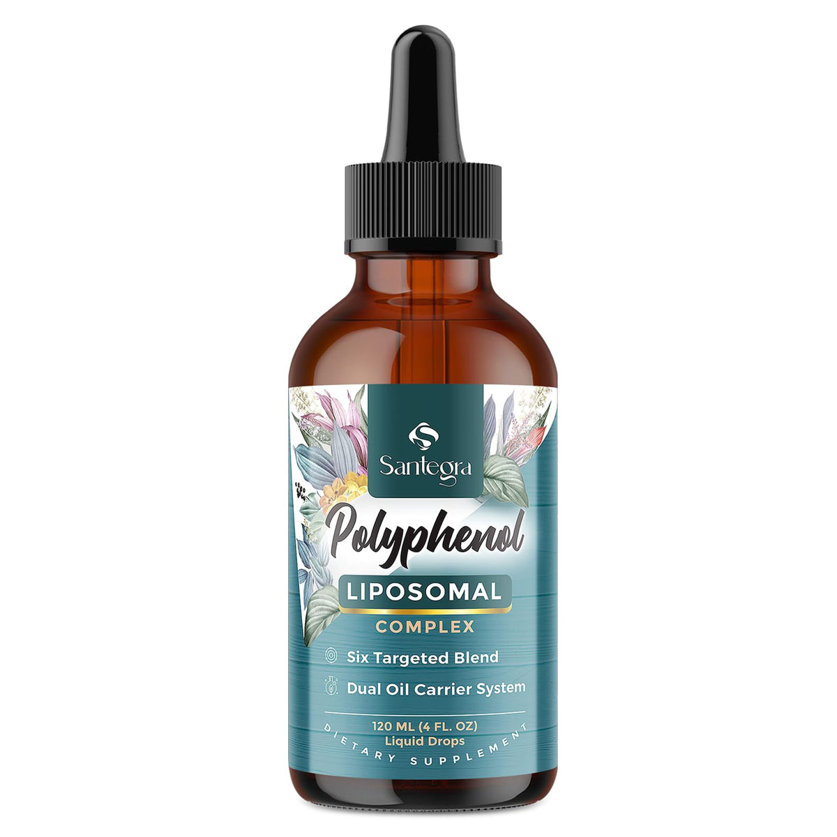 Santegra polyphenols liposomal bottle with bold label showing high absorption potential.