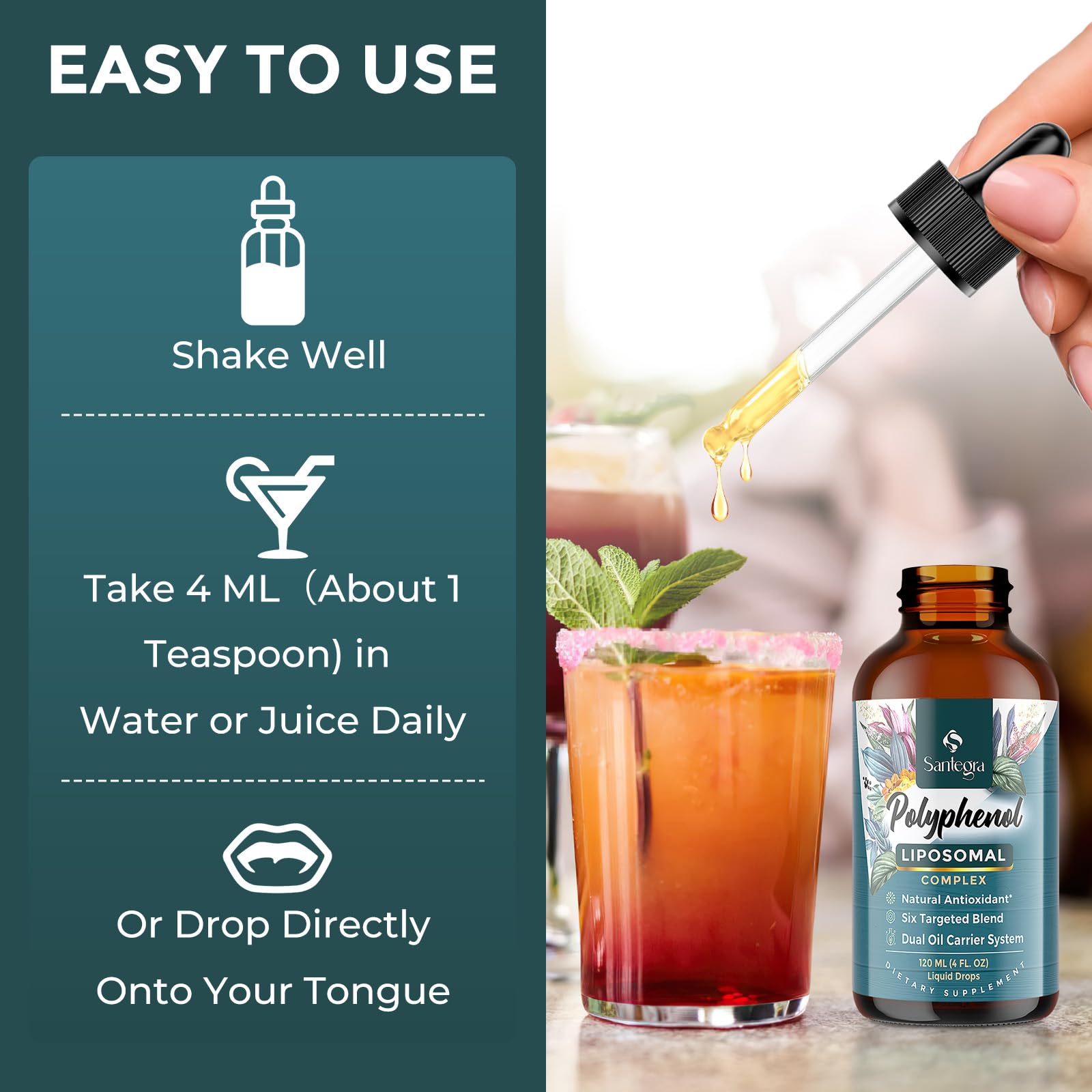 Santegra polyphenols label indicates stevia sweetener and natural taste.