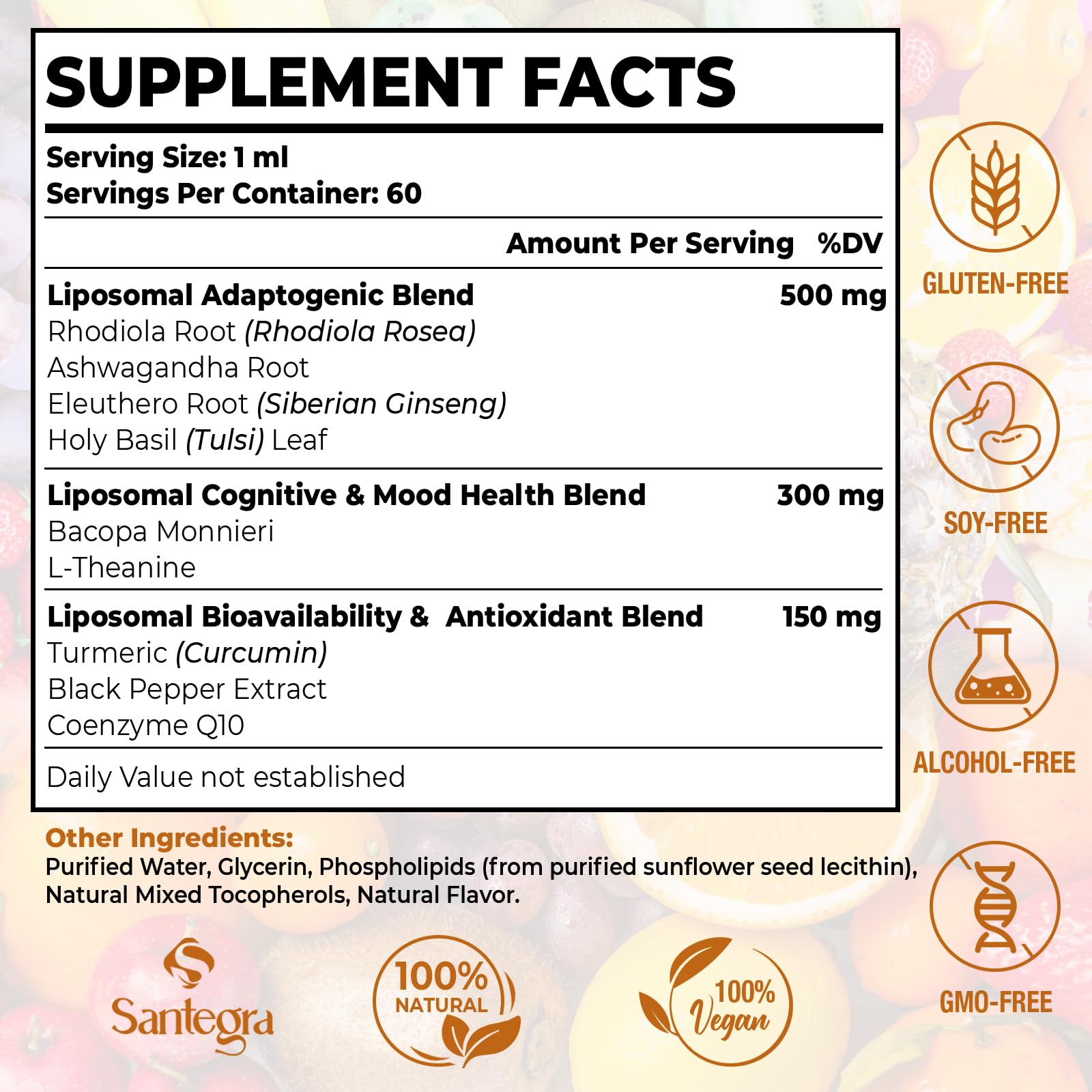 Santegra rhodiola-ashwagandha-dropper convenient liquid adaptogen for daily resilience.