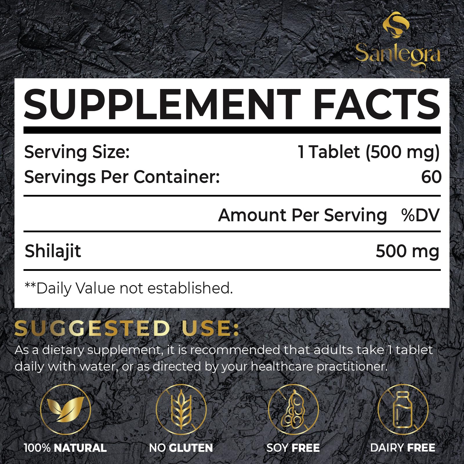 Santegra Shilajit tablets 500mg bottle closeup, pure Himalayan resin with fulvic acid