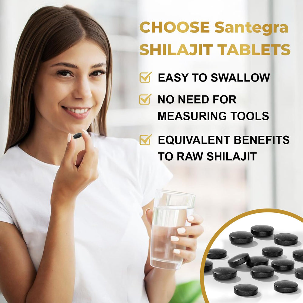 Santegra Shilajit tablets 500mg packaging box, Himalayan organic origin and minerals