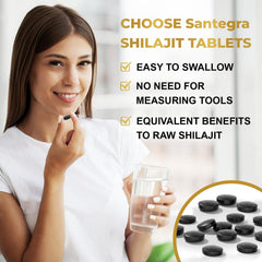 Santegra Shilajit tablets 500mg packaging box, Himalayan organic origin and minerals