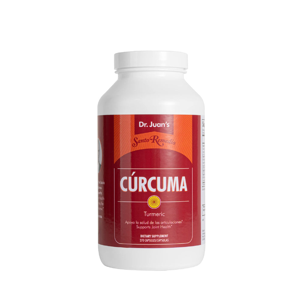 Santo Remedio Turmeric bottle front highlighting gluten-free capsules for daily joint support.