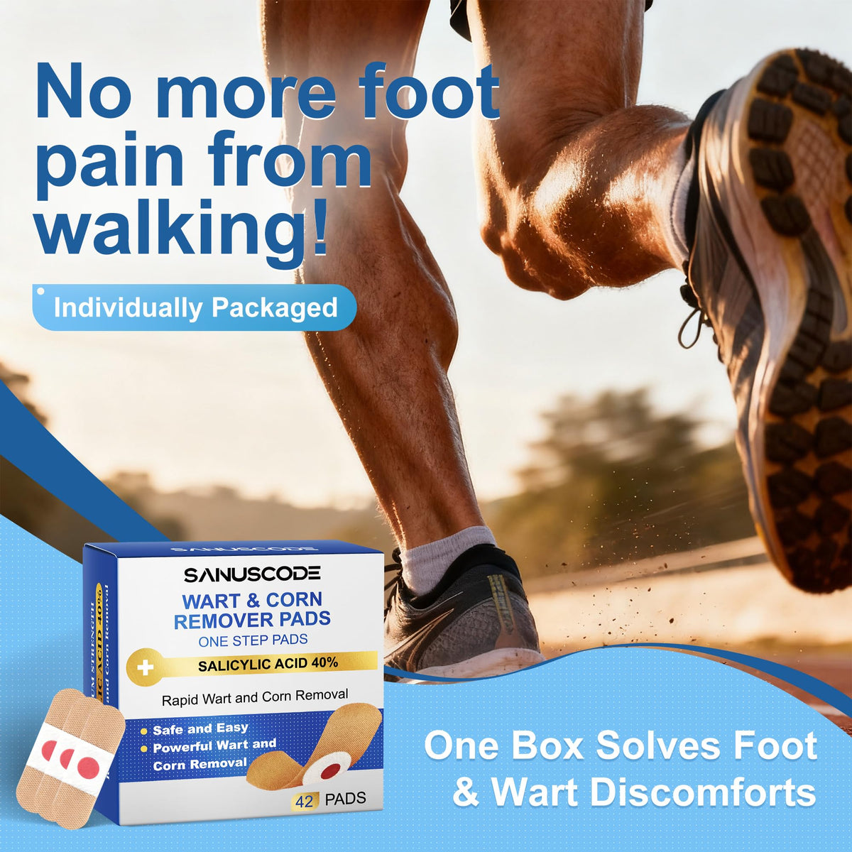 Sanuscode wart remover pads being applied on foot for plantar wart targeting