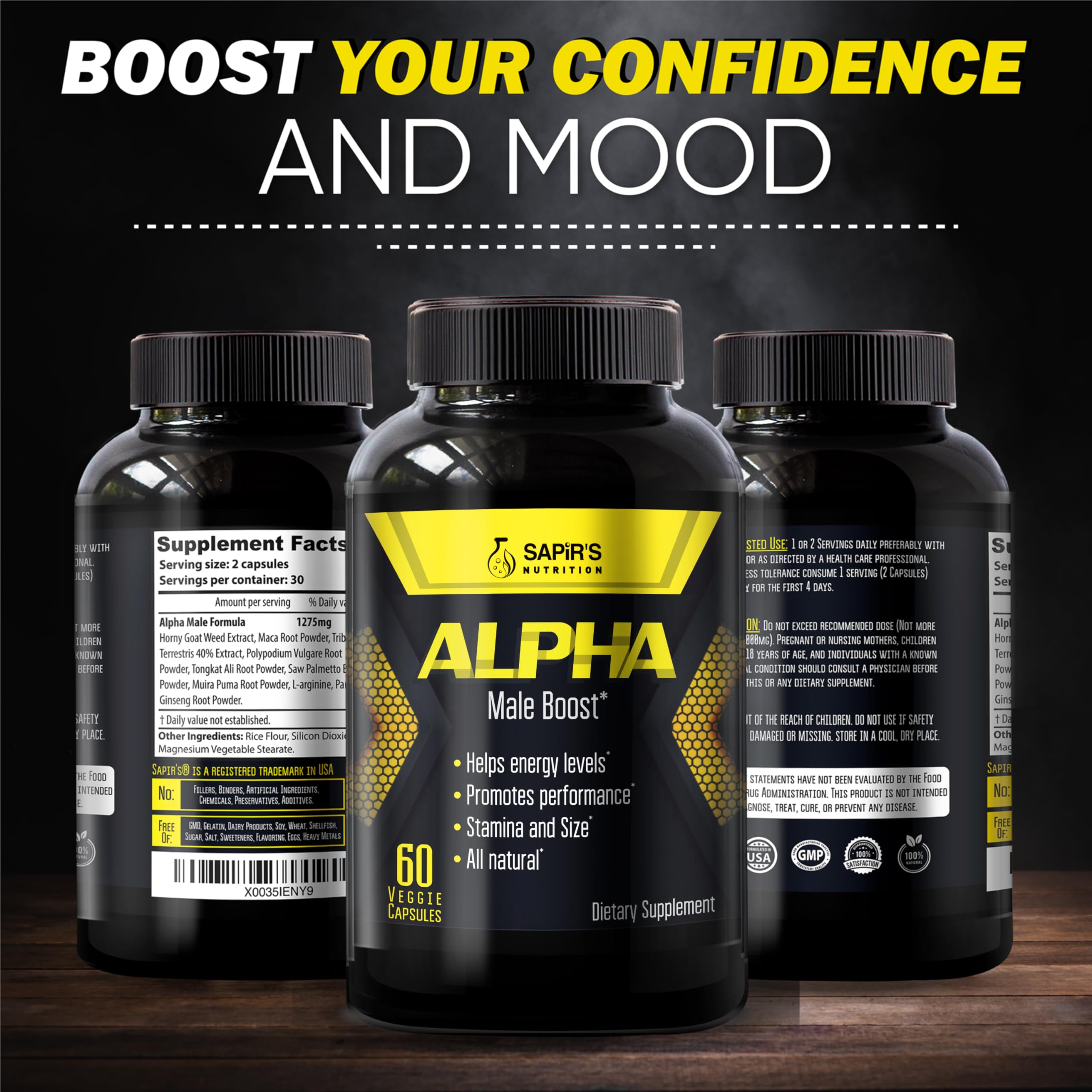 Hand holding the Sapir's Nutrition Alpha Enlargement Pills bottle for on-the-go energy