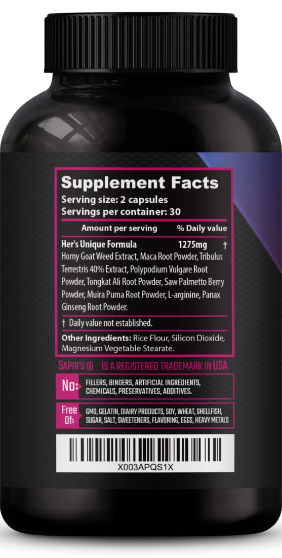 Sapir's Nutrition Hers bottle with water implies easy daily intake.
