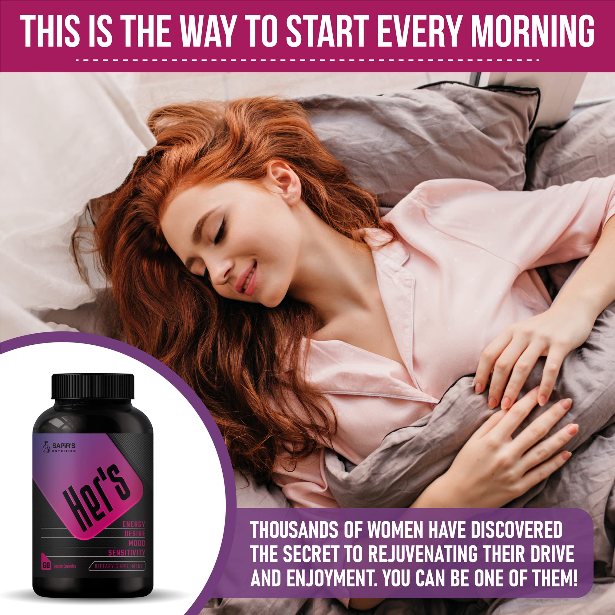 Sapir's Nutrition Hers capsules close-up highlighting natural herbs for vitality.