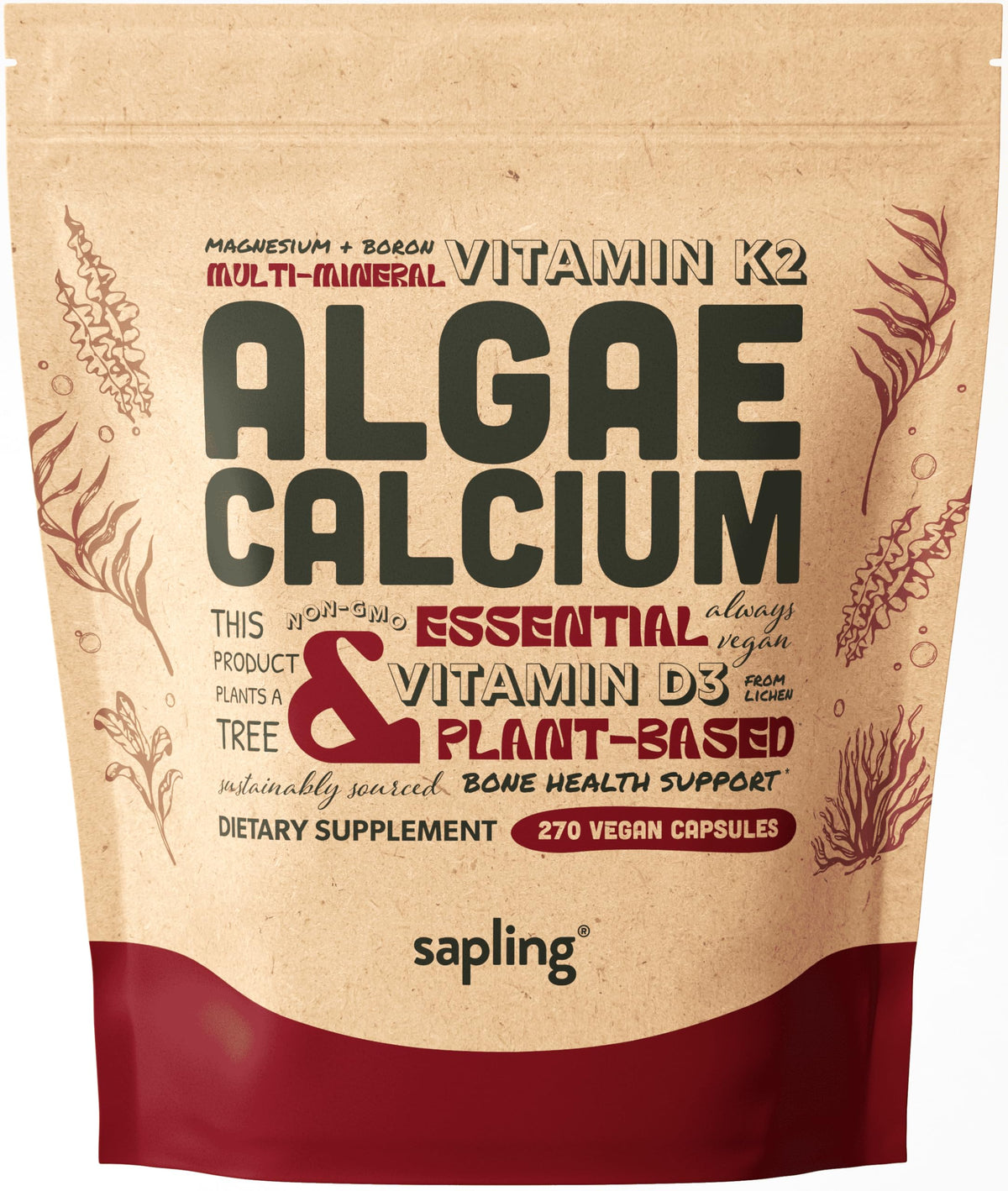 Sapling Calcium bottle with label showing vegan whole-food minerals for bone support
