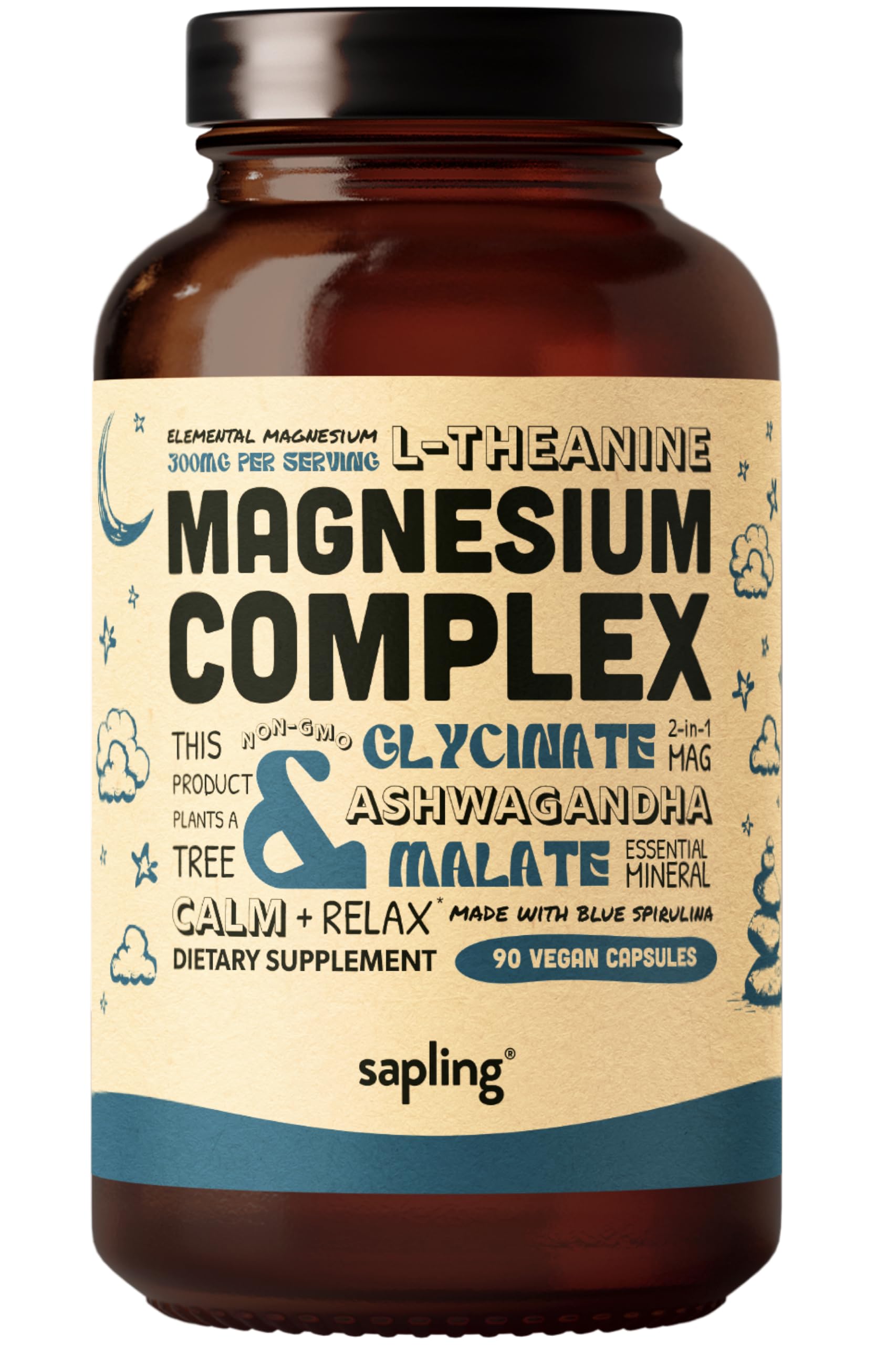 Sapling Magnesium Glycinate bottle front showing a high-absorption formula for daily balance