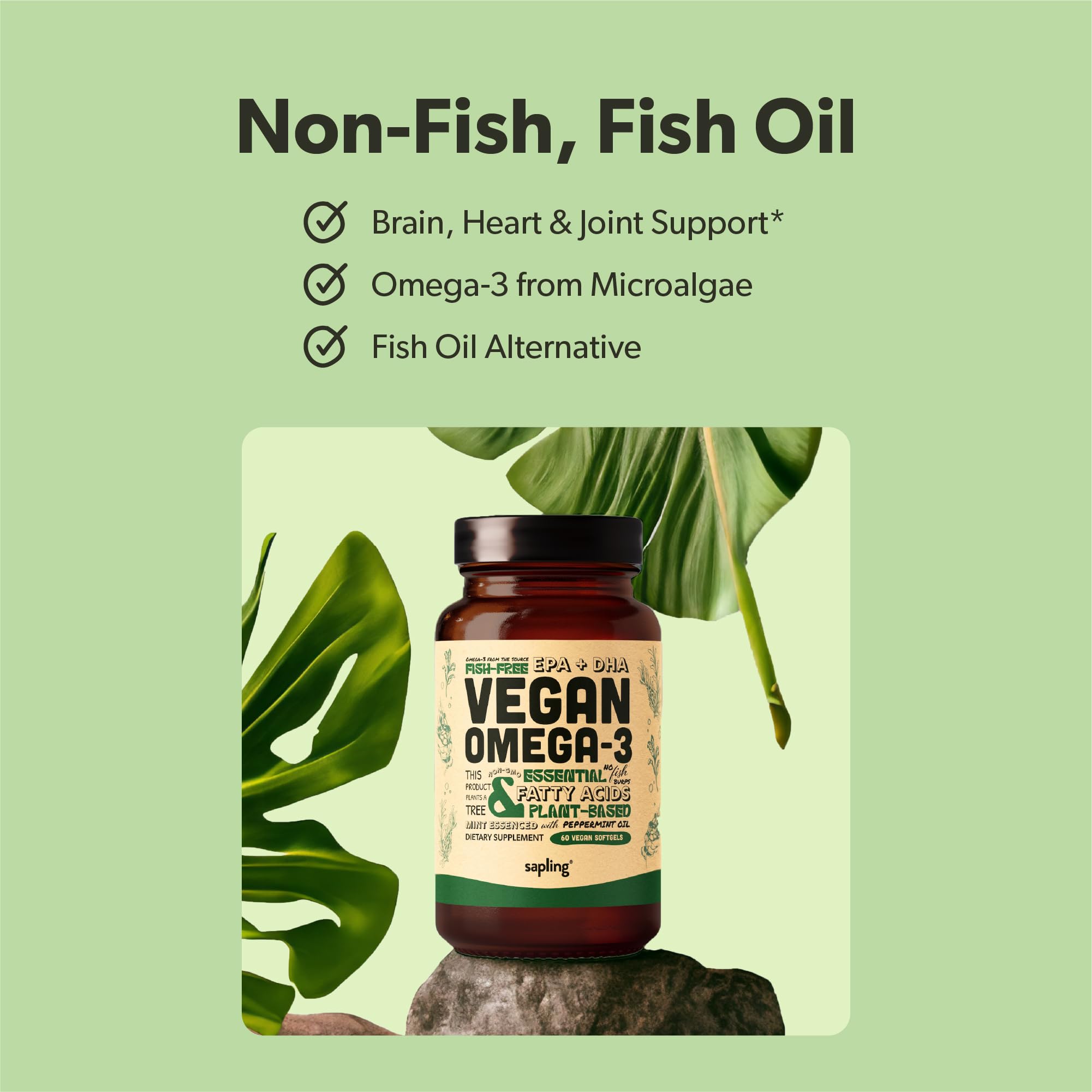 Close-up of Sapling Omega-3 capsules for easy daily intake.