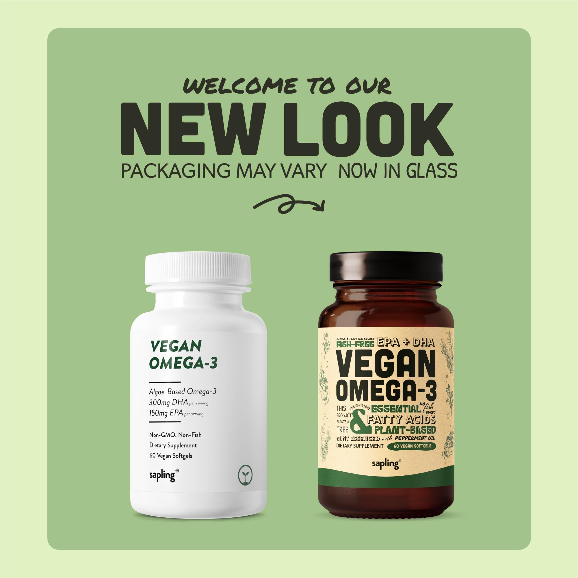 Front label of Sapling Omega-3 highlights carrageenan-free, USA-grown algae.