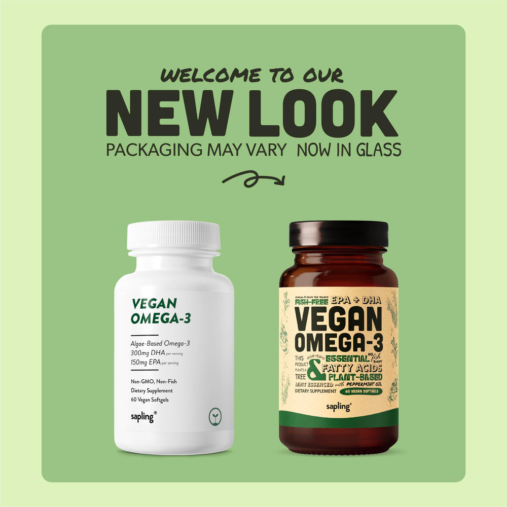 Front label of Sapling Omega-3 highlights carrageenan-free, USA-grown algae.