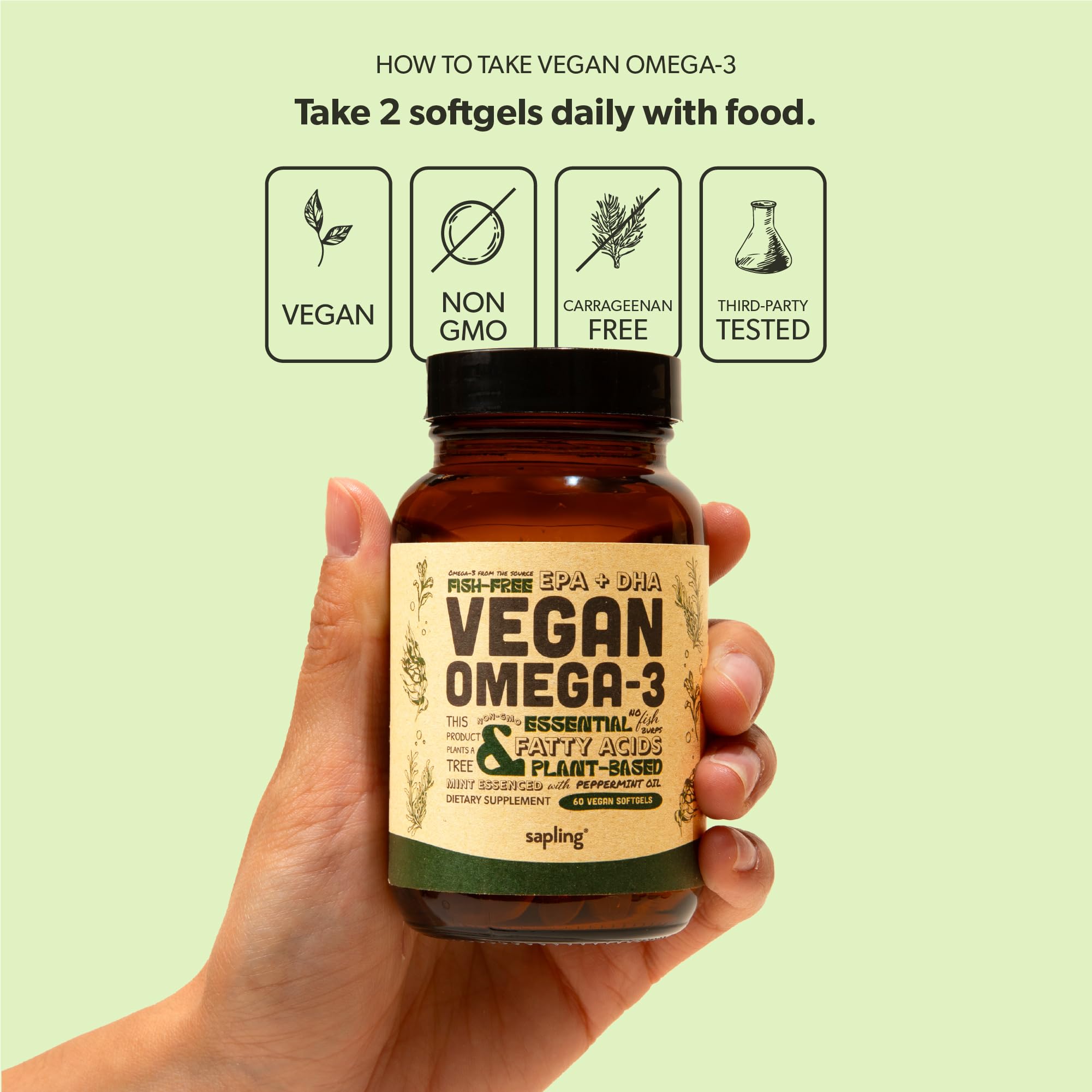 Peppermint scent pack in Sapling Omega-3 bottle adds refreshing notes.