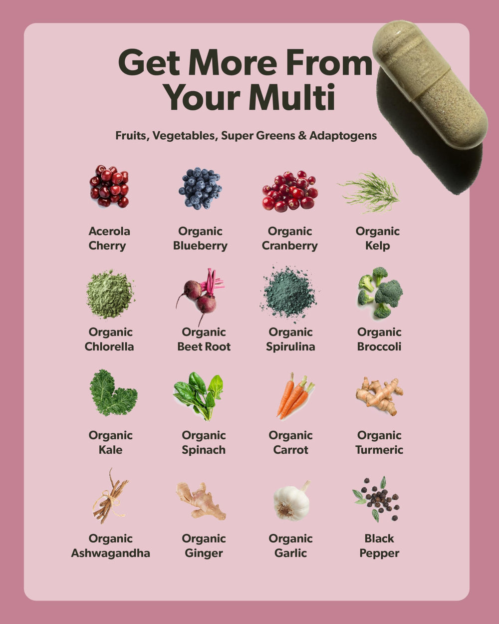 Closeup of Sapling multivitamin capsules highlighting easy-to-swallow form