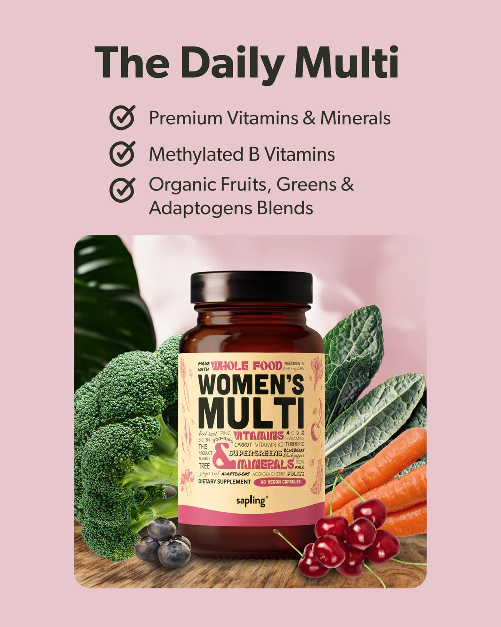 Ingredient panel of Sapling Women’s Multivitamin showing whole-food vitamins