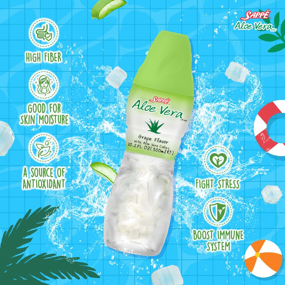 Pouring Sappe Aloe Vera Juice reveals crisp grape flavor and smooth hydration