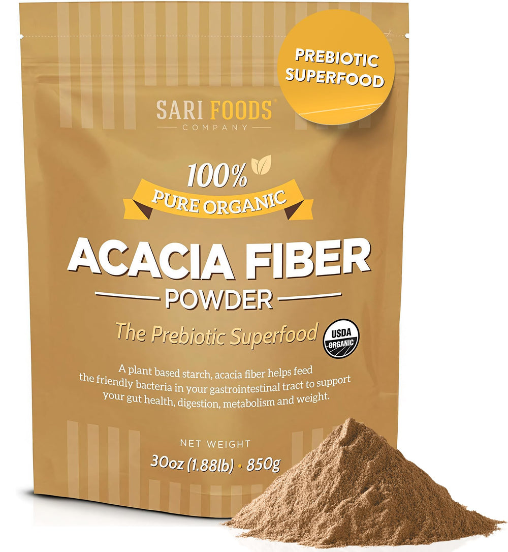 Sari Foods Acacia Fiber Powder tub on a kitchen counter for daily use