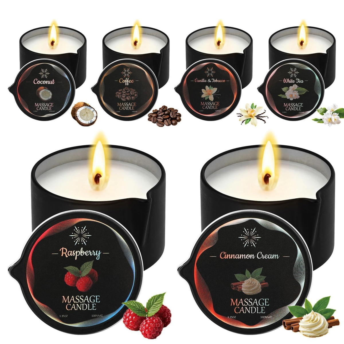 Sariiraw six-pack massage candles in packaging, ideal for gifting and home spa rituals.