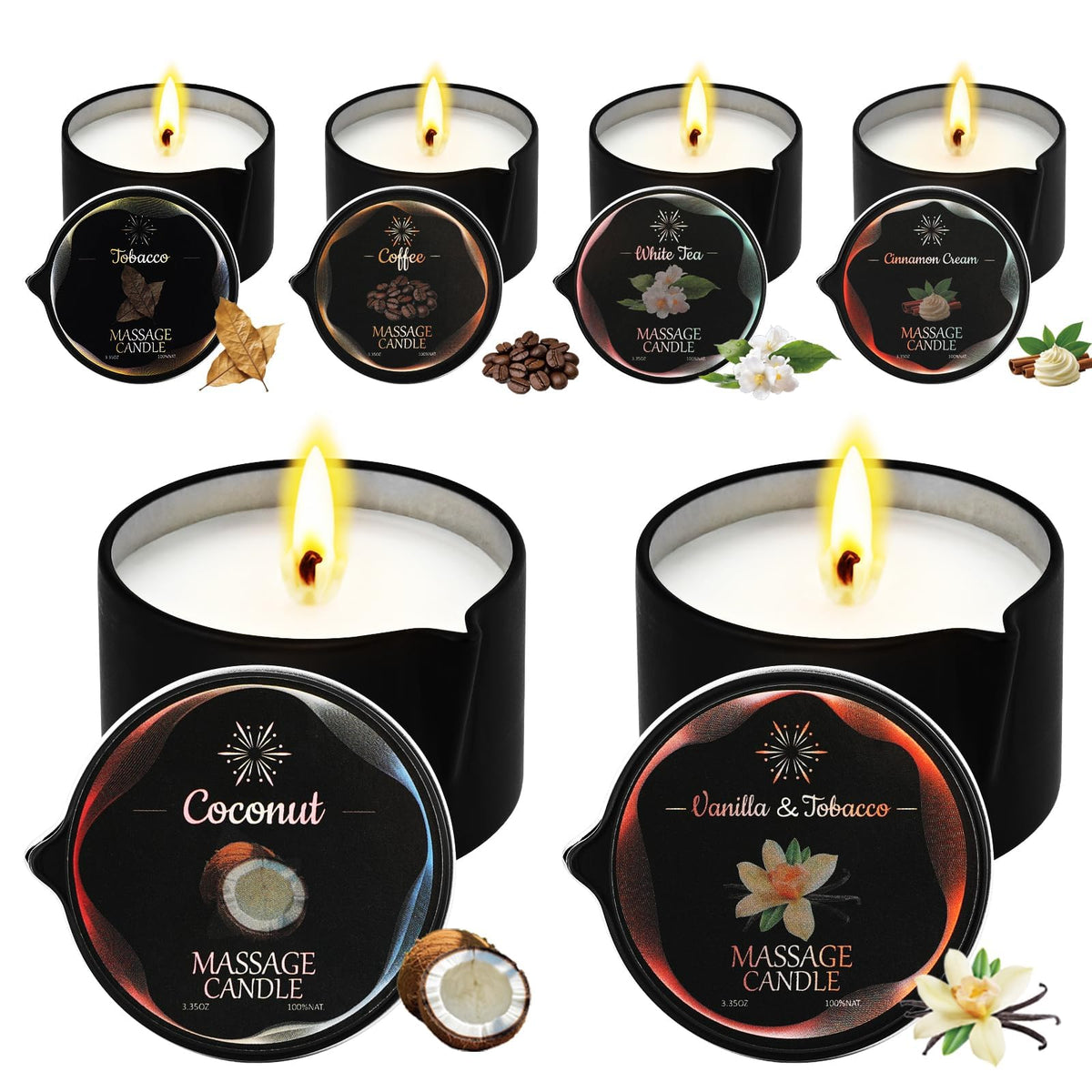 Sariiraw six-pack candle set displayed together for gifting and home spa evenings