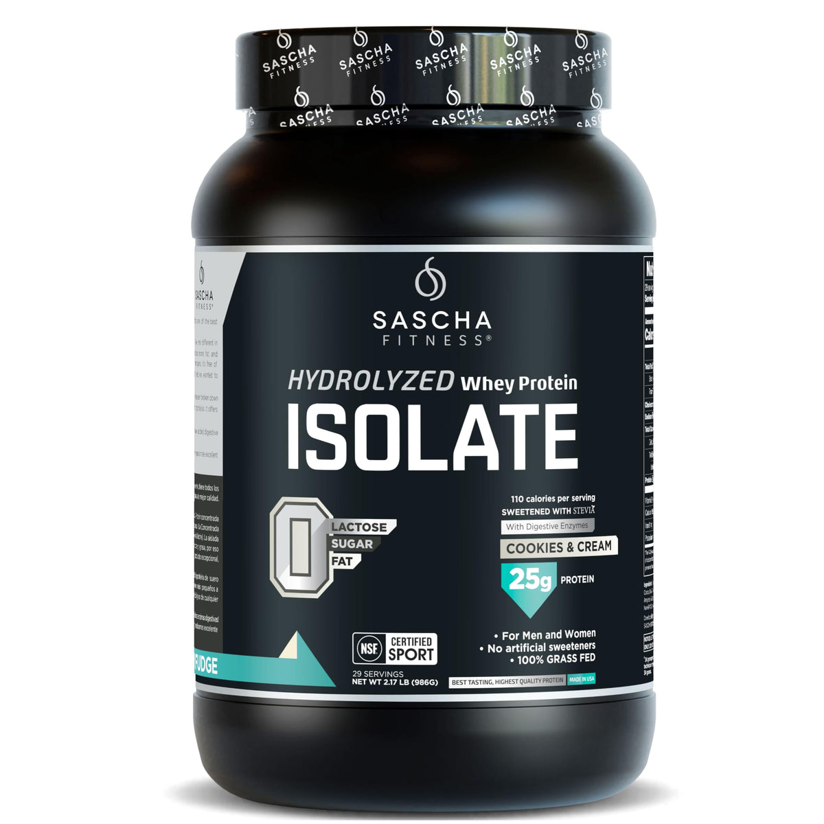 SASCHA FITNESS hydrolyzed whey protein isolate cookies and cream bottle for fast absorption