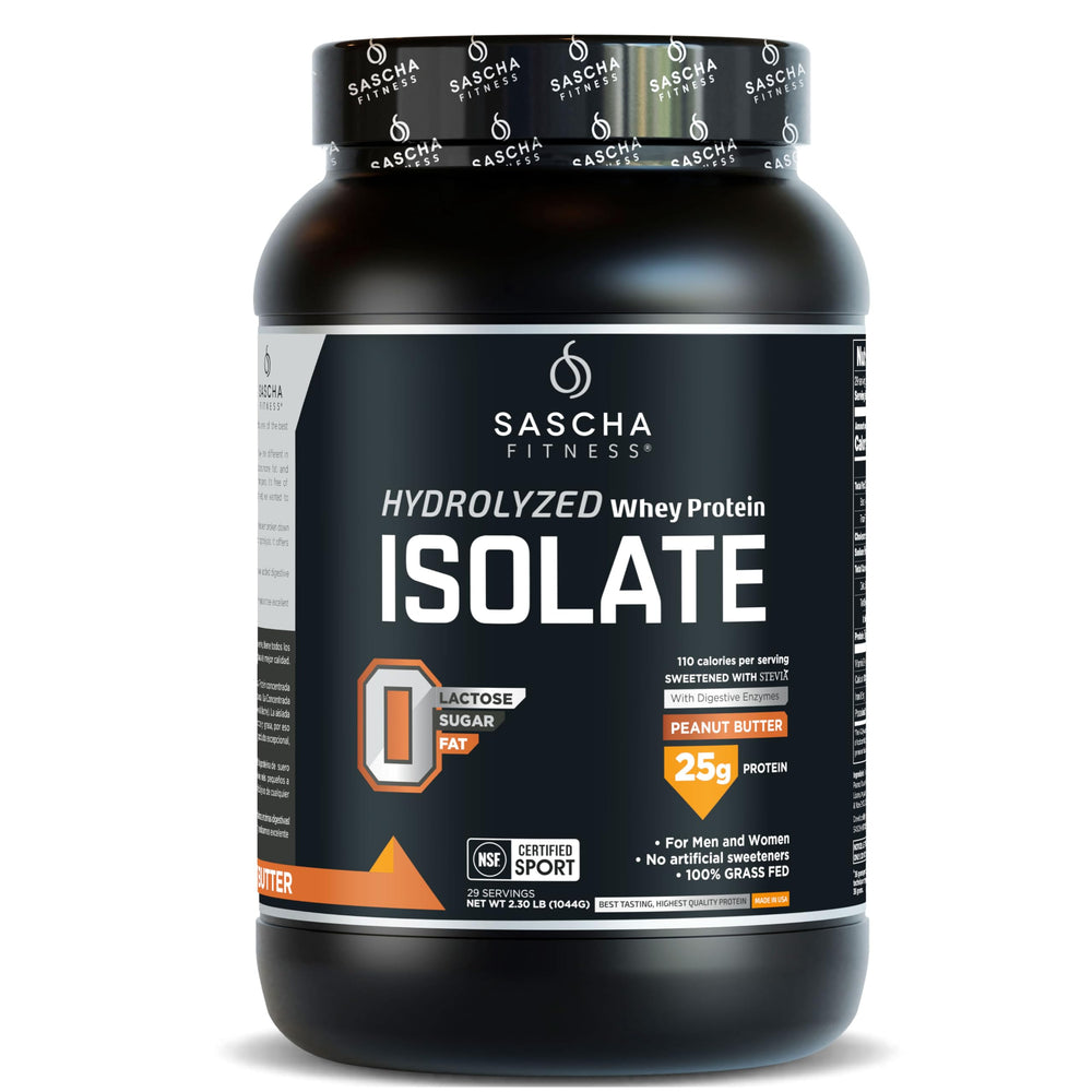 SASCHA FITNESS hydrolyzed whey in peanut butter bottle boosts protein intake