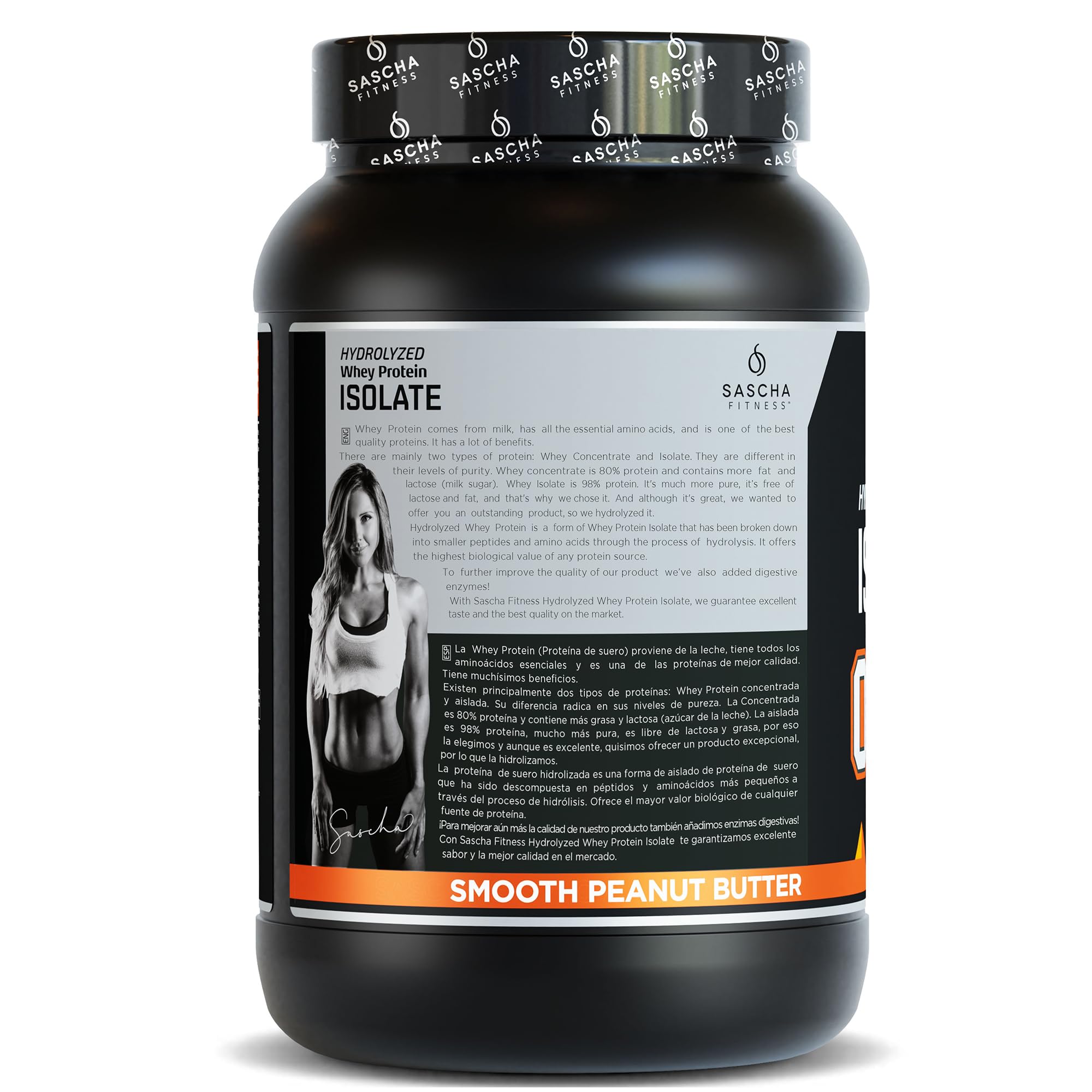 SASCHA FITNESS hydrolyzed whey in peanut butter tub with scoop highlights quick absorption