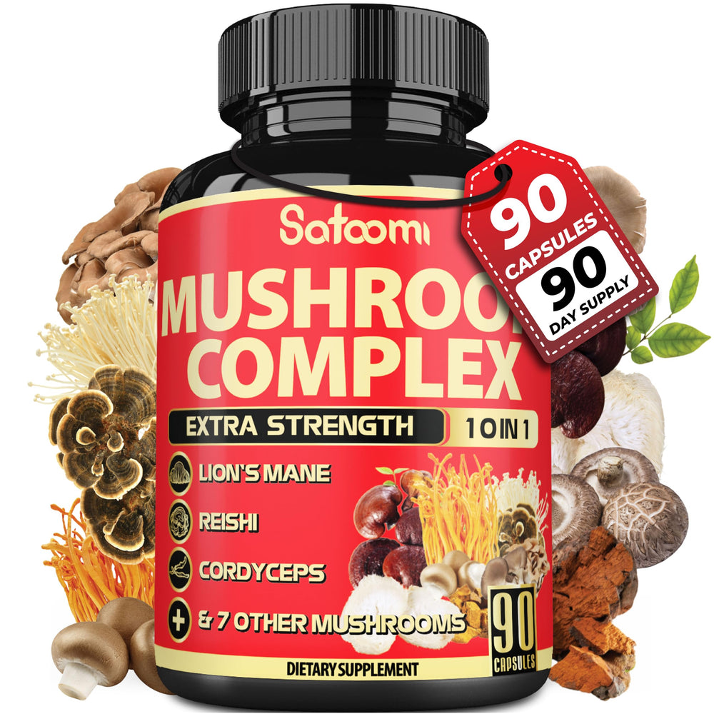 Satoomi 10in1 mushroom supplement bottle front for daily wellness.