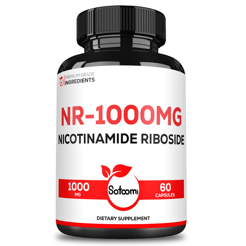 Satoomi NAD NR 1000mg bottle on desk, convenient daily supplementation.