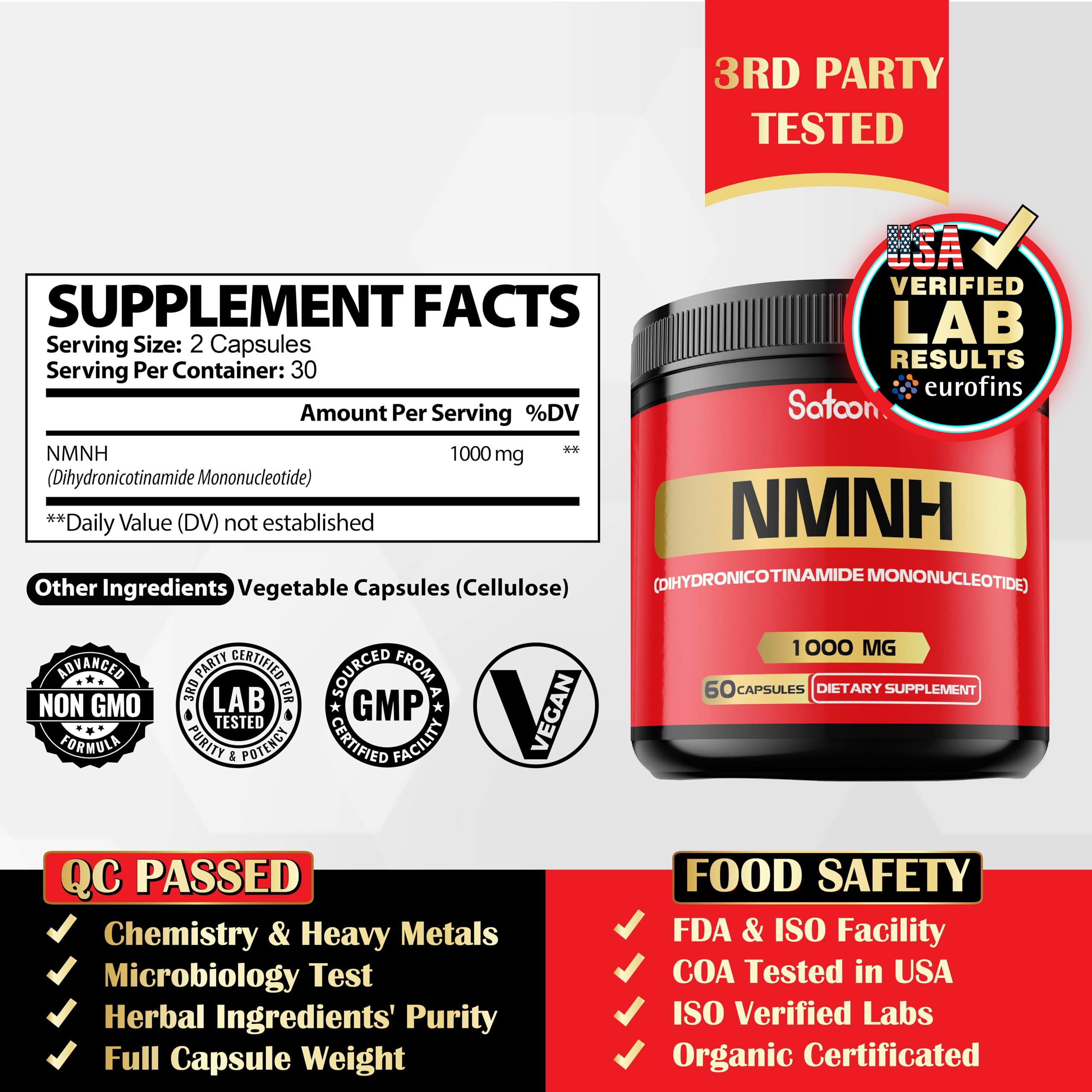 Satoomi NMNH capsules closeup shows easy-to-swallow capsules for daily use.