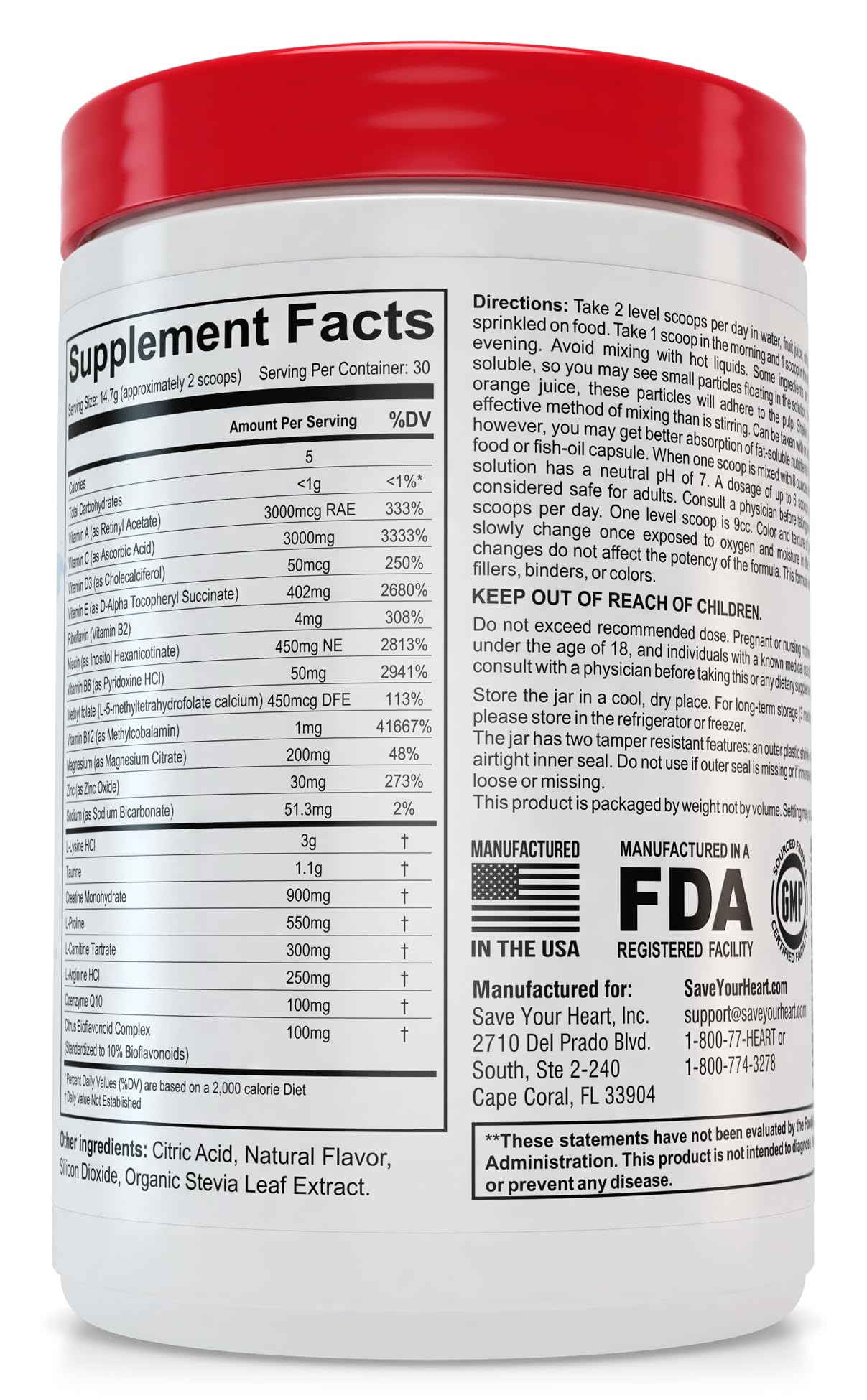Ingredient panel highlights vitamins, minerals, and amino acids for heart support.
