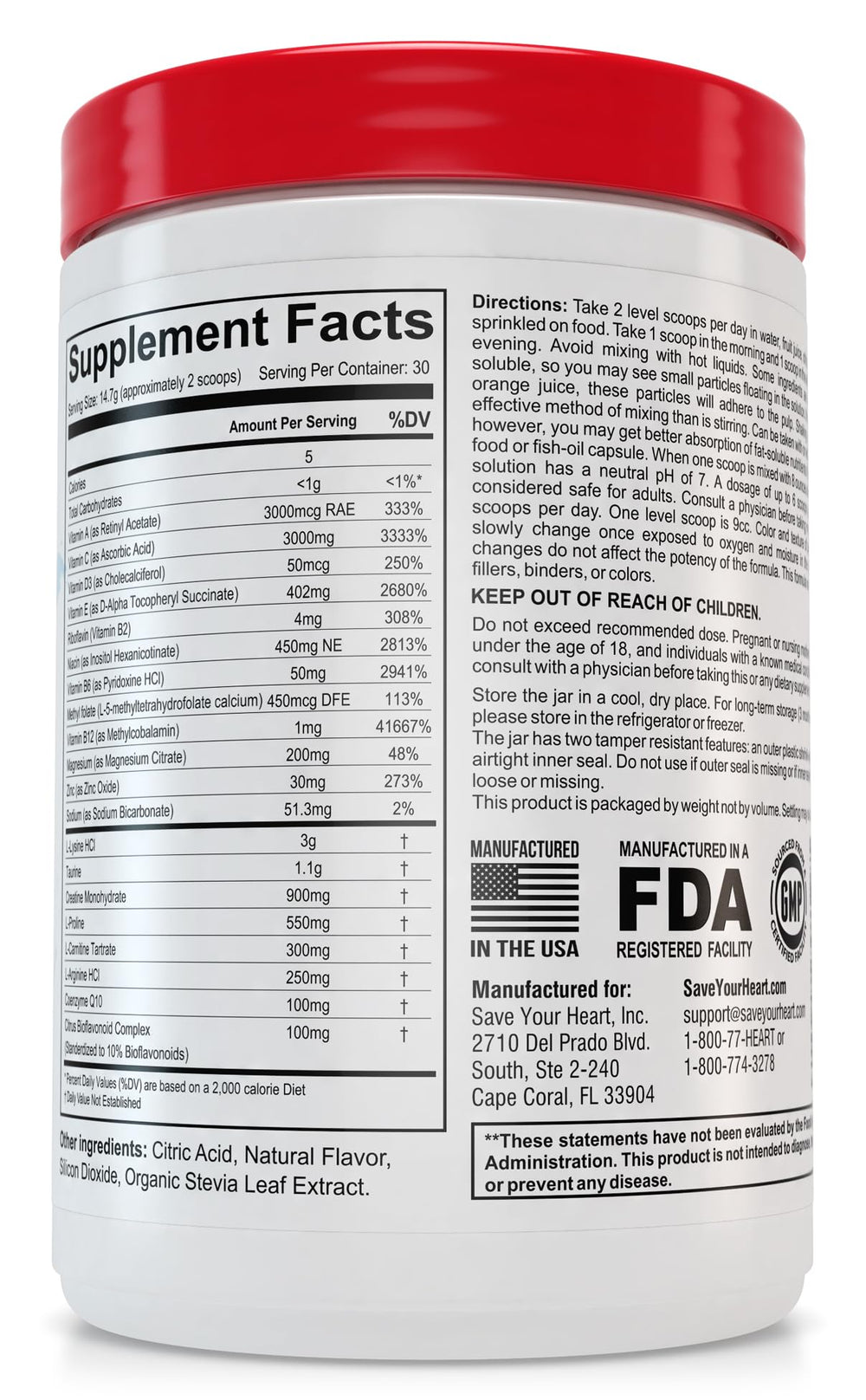 Ingredient panel highlights vitamins, minerals, and amino acids for heart support.