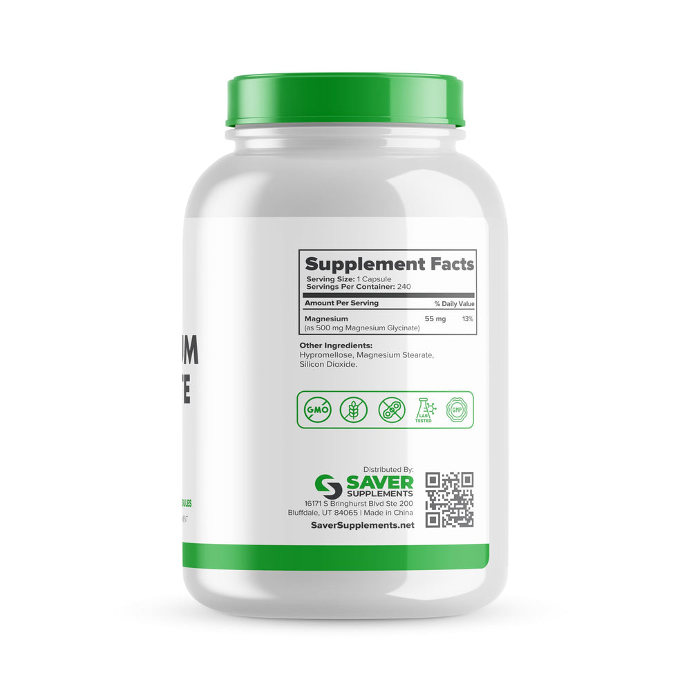 Bottle with glass showing convenient nightly routine with Saver Supplements Magnesium Glycinate