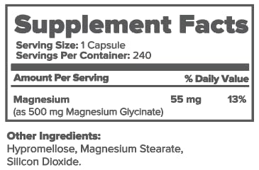 Label close-up of Saver Supplements Magnesium Glycinate, indicating non-GMO and gluten-free quality