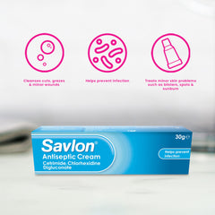 Savlon Antiseptic Cream 30g label close-up for trusted branding