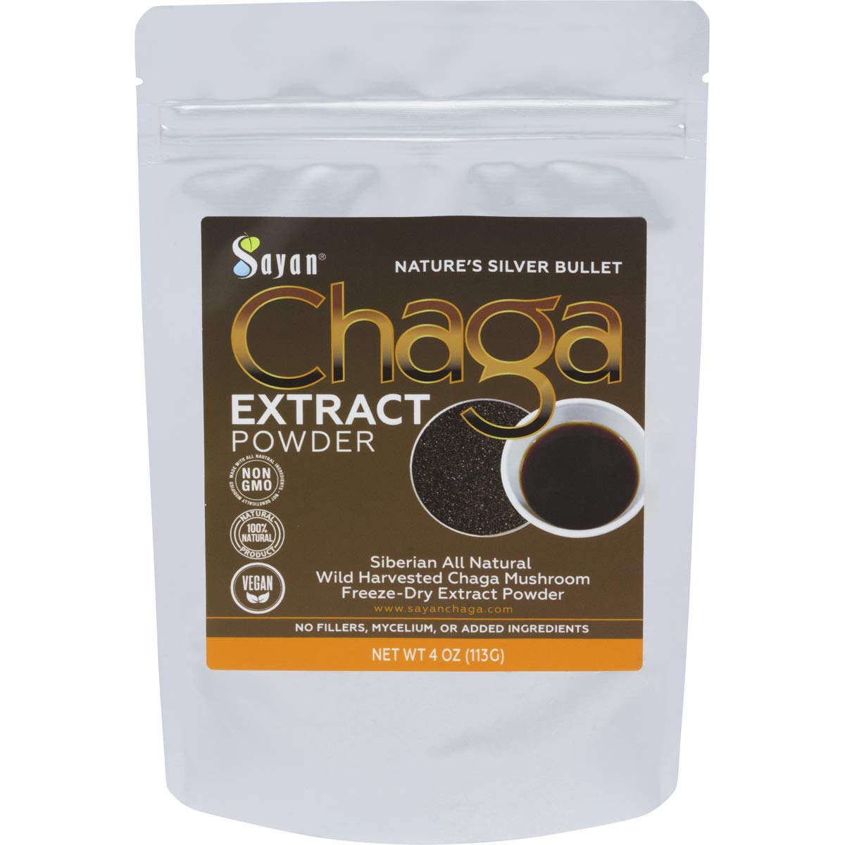 Sayan Chaga bottle shows wild-harvested formula for daily vitality.