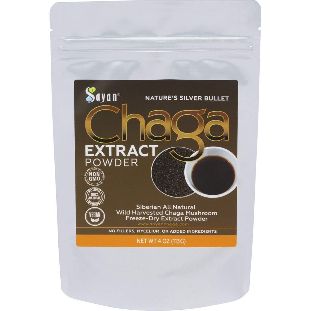 Sayan Chaga bottle shows wild-harvested formula for daily vitality.