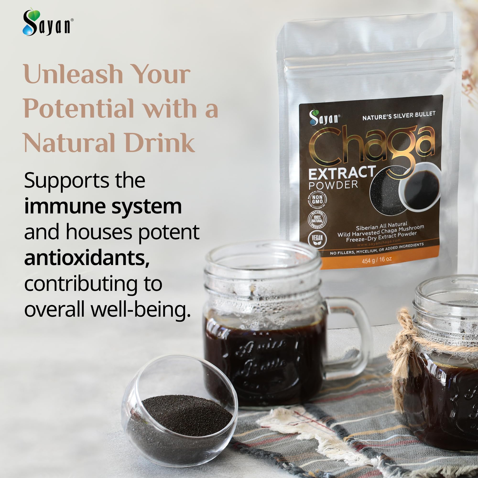 Sayan Chaga powder close-up reveals rich texture and purity.