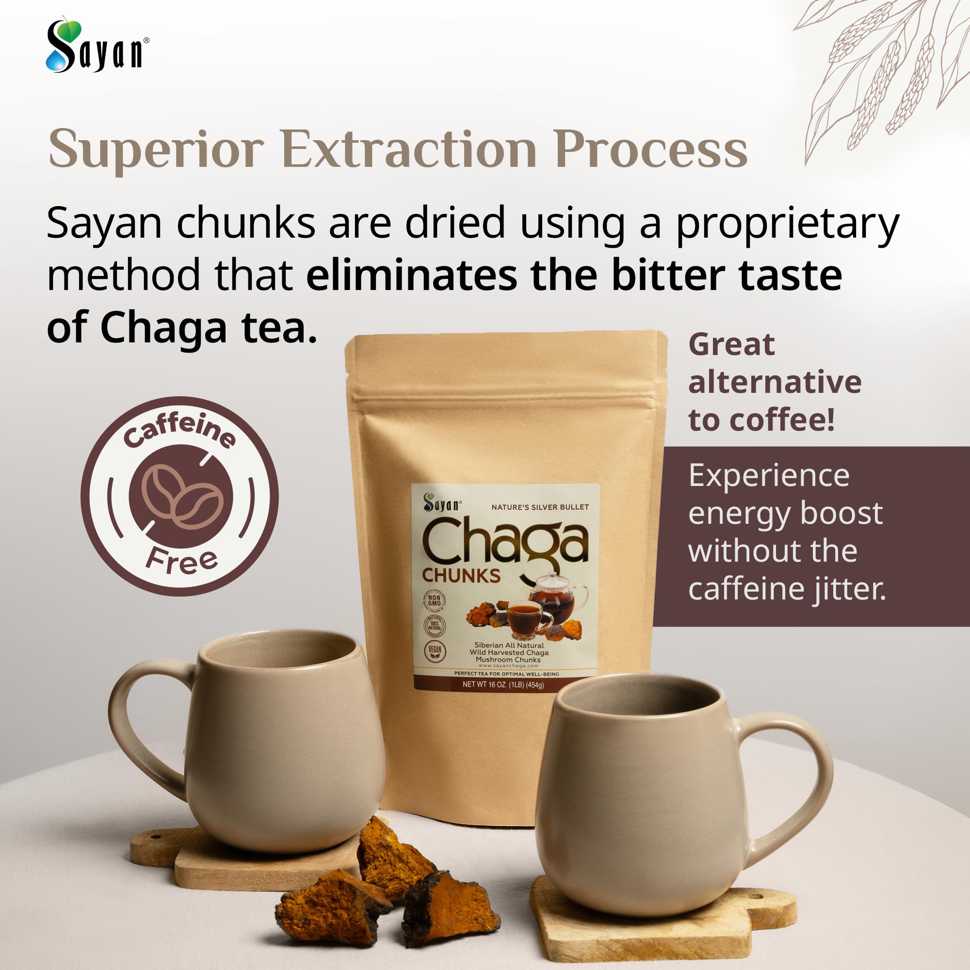 Sayan Siberian Chaga packaging showcasing purity and non GMO status