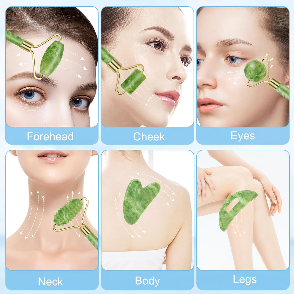 Sbnnfikeb jade roller tool for smoothing skin and aiding facial contouring.