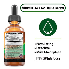 Dropper dispensing D3 + K2 liquid with peppermint flavor from SBR Nutrition