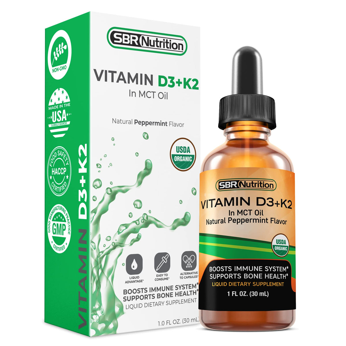 SBR Nutrition MAX Absorption D3 + K2 drops bottle showing peppermint liquid silk presentation and packaging