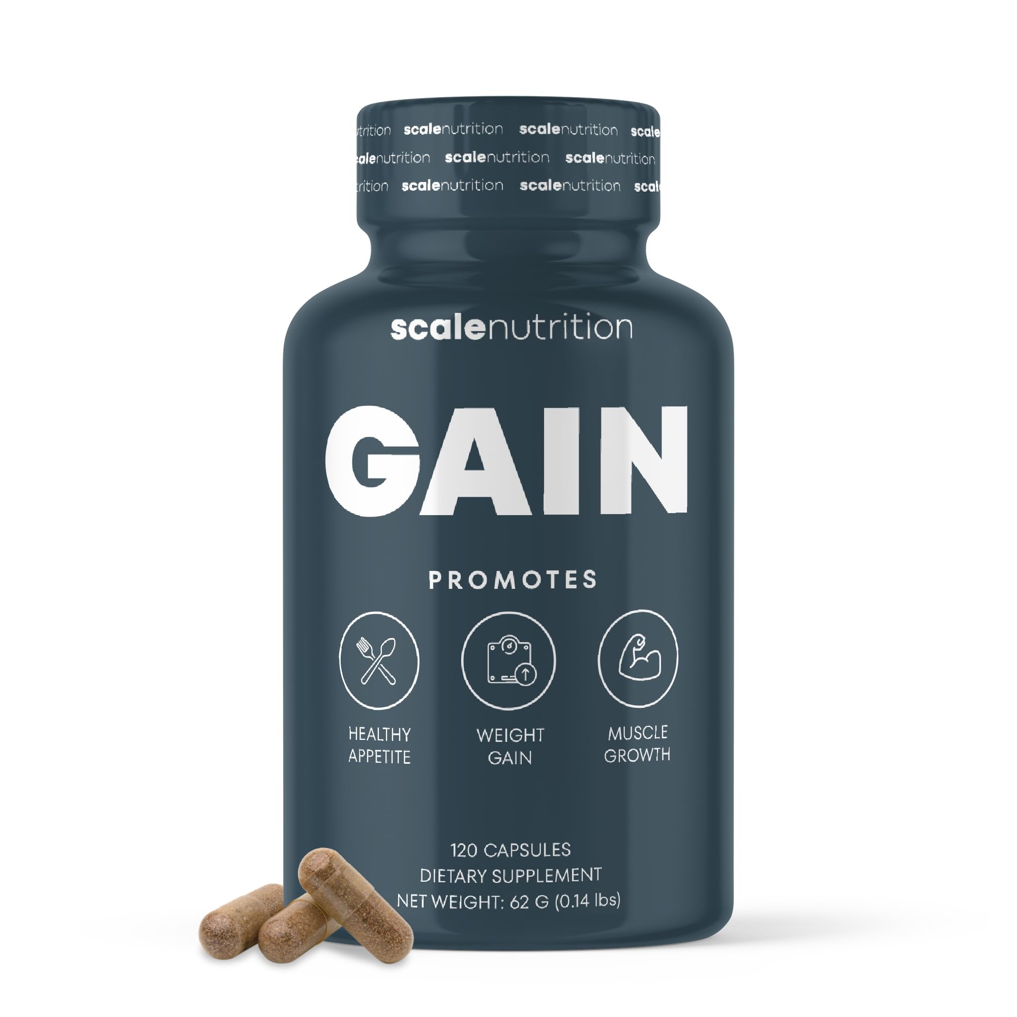 Scale Nutrition Gain capsules bottle offers convenient weight gain support for workouts.