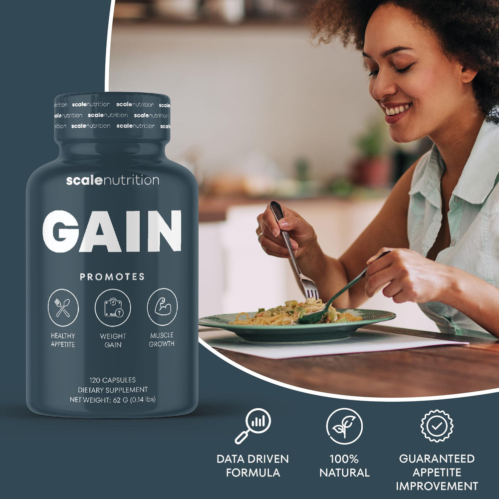Scale Nutrition Gain capsules closeup highlighting easy-to-take supplement for increased calories.
